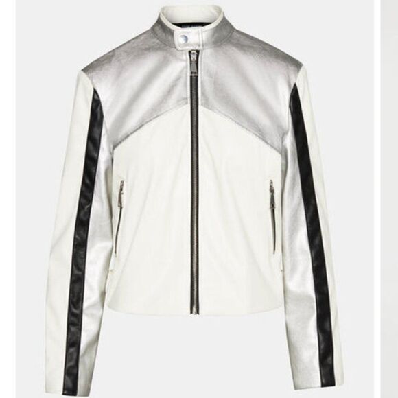 Steve Madden Helayna Faux Leather Silver/cream/black Moto jacket size small - Picture 5 of 12